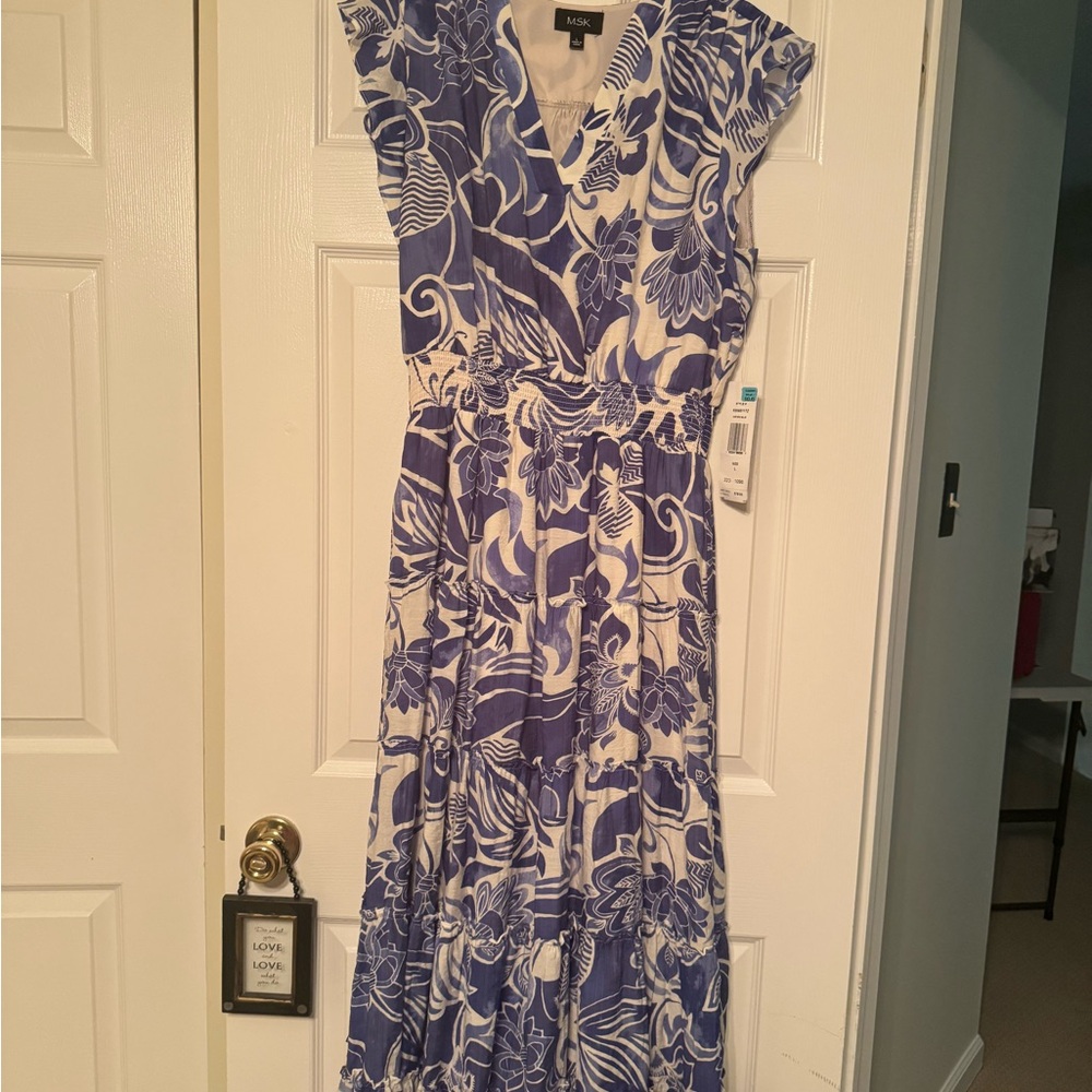 MSK Blue and White Floral Maxi Dress is 38 inches long from waist band to hem.